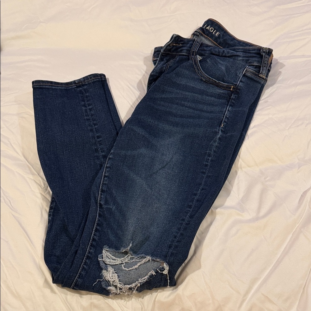 American Eagle Outfitters Long Dark Blue Distressed Skinny Jeggings